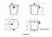 alt="Bac de décantation Mestra 19 L  sous évier, shéma des tailles - Massilia Dental"