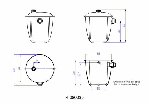 alt="Bac de décantation Mestra 19 L  sous évier, shéma des tailles - Massilia Dental"