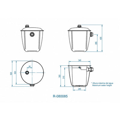 Bac de décantation 19  litres avec sac pour atelier de poterie shema taille et mesures