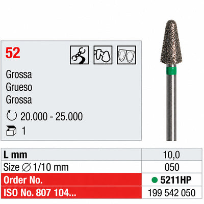 Fraise diamantée frittée Edenta 5211HP pour dégrossissage du chrome-cobalt, des stellites et des armatures métalliques
