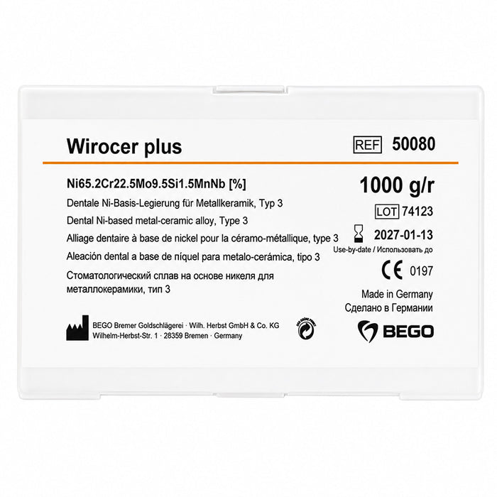 Wirocer Plus métal Ni Cr Bego pour armature céramique sans beryllium boite 1 kg